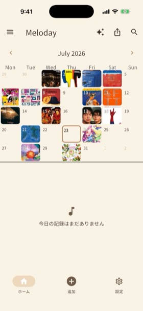 Meloday の画面。カレンダーのマス目が、その日に記録した曲のアルバムアートで埋まっている